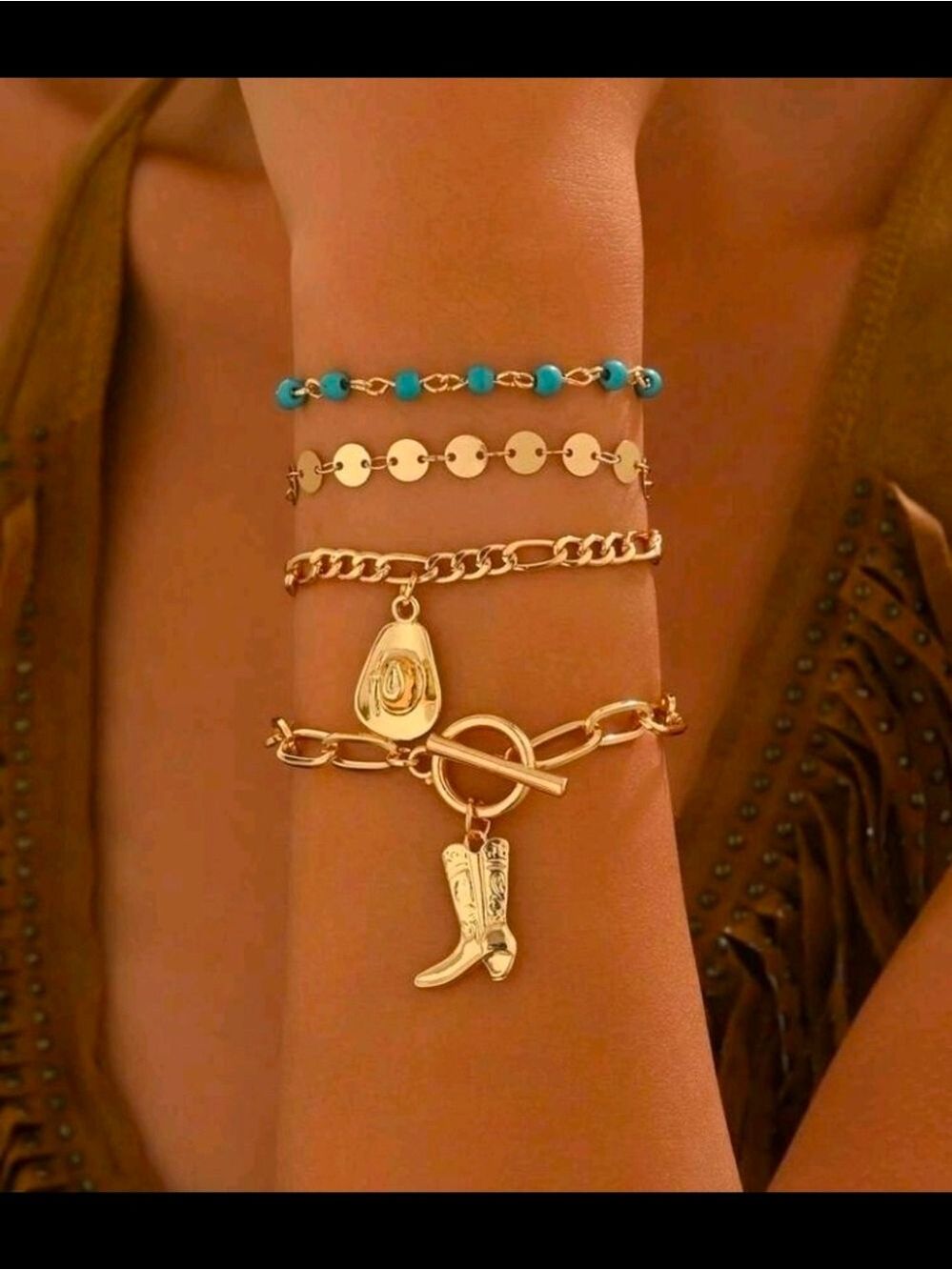 Gold Western Charm Stack Bracelet Stack with Turquoise Beads